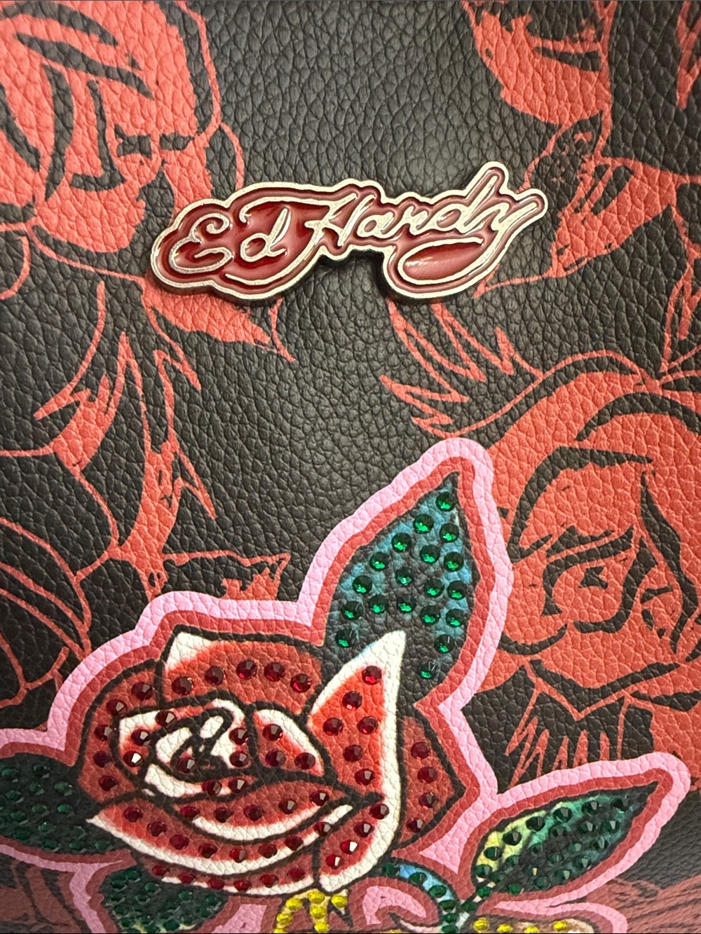 Ed Hardy Black & Red Rose Skull Tote Bag - Picture 3 of 7